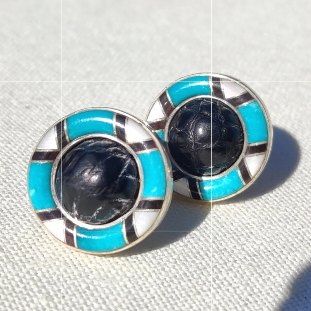 Vintage STERLING artisan made onyx and turquoise cuff links